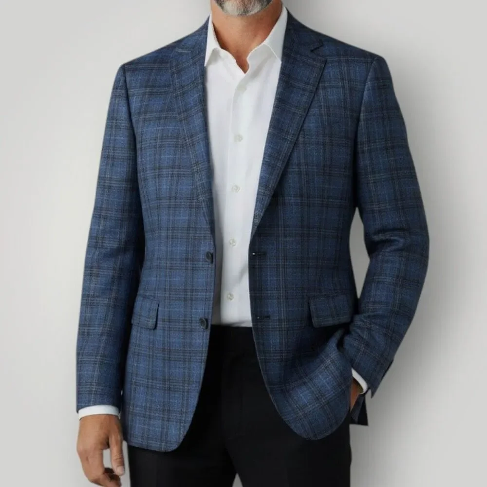 JOSEPH ABBOUD Mens Blazer Sport Coat Suit Jacket 48R SILK/WOOL/LINEN Plaid Blue